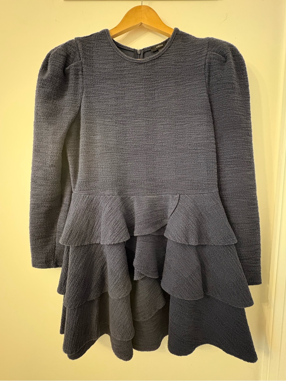 Navy Blue Ruffle Tiered Dress in Tweed